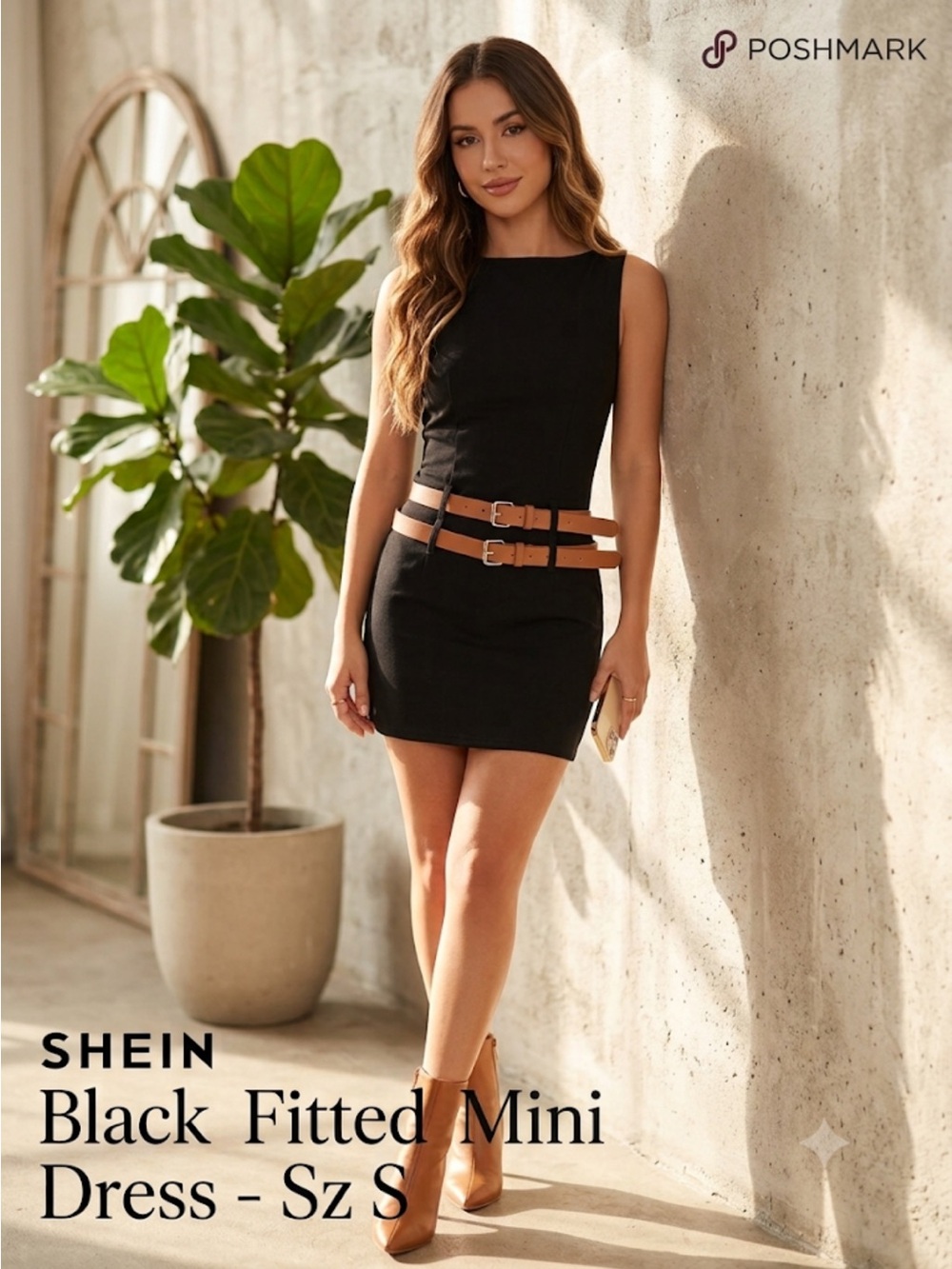 SHEIN Black Mini Dress with Brown Double Waist Belts